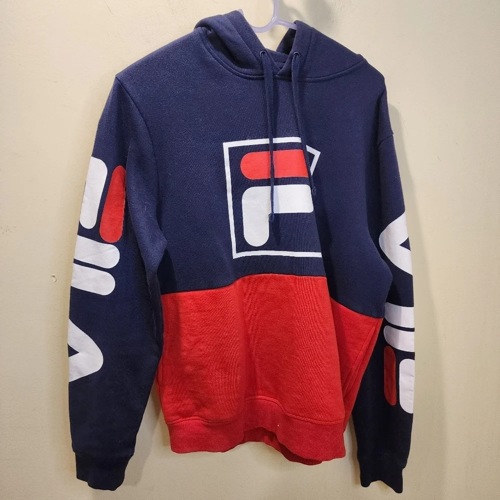 Fila Blue and Red Logo Hoodie Sweatshirt Size M